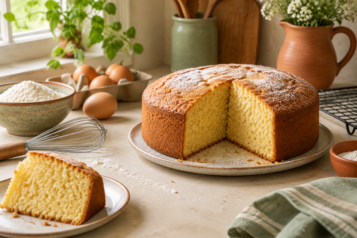 Imagen editorial generada de un bizcocho casero con una porción cortada y utensilios de repostería.