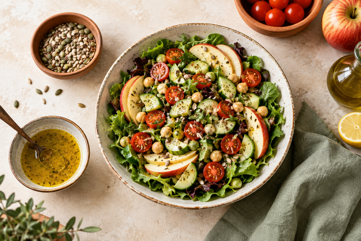 Imagen editorial generada con IA para ilustrar una ensalada variada con vegetales, garbanzos y aliño.