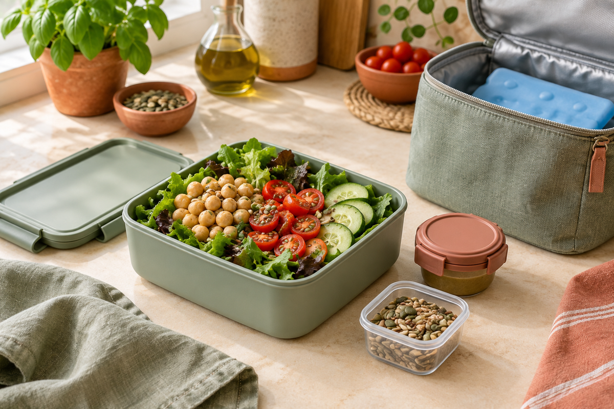 Imagen editorial generada con IA para ilustrar una ensalada para llevar con aliño separado y bolsa térmica.