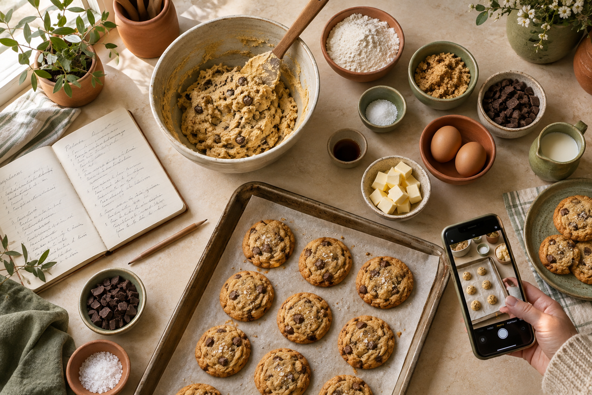 Ilustración editorial de la preparación de una receta casera de galletas.