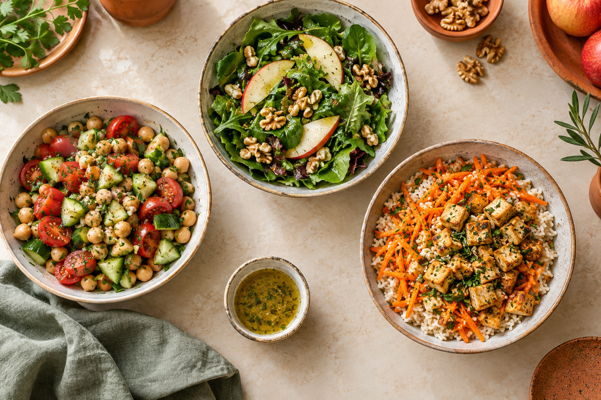 Imagen editorial generada con IA para ilustrar tres combinaciones de ensalada con garbanzos, manzana y arroz con tofu.