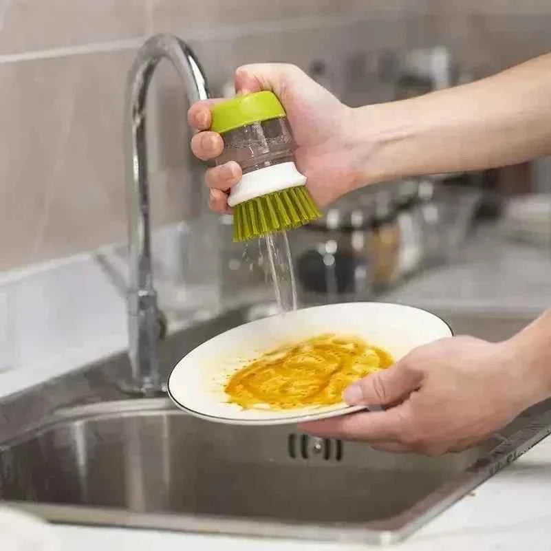 cepillo de cocina para platos con dispensador de jabón integrado